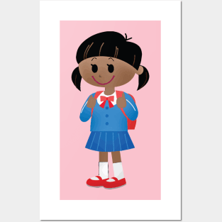 School Girl in Cute Blue Uniform Posters and Art